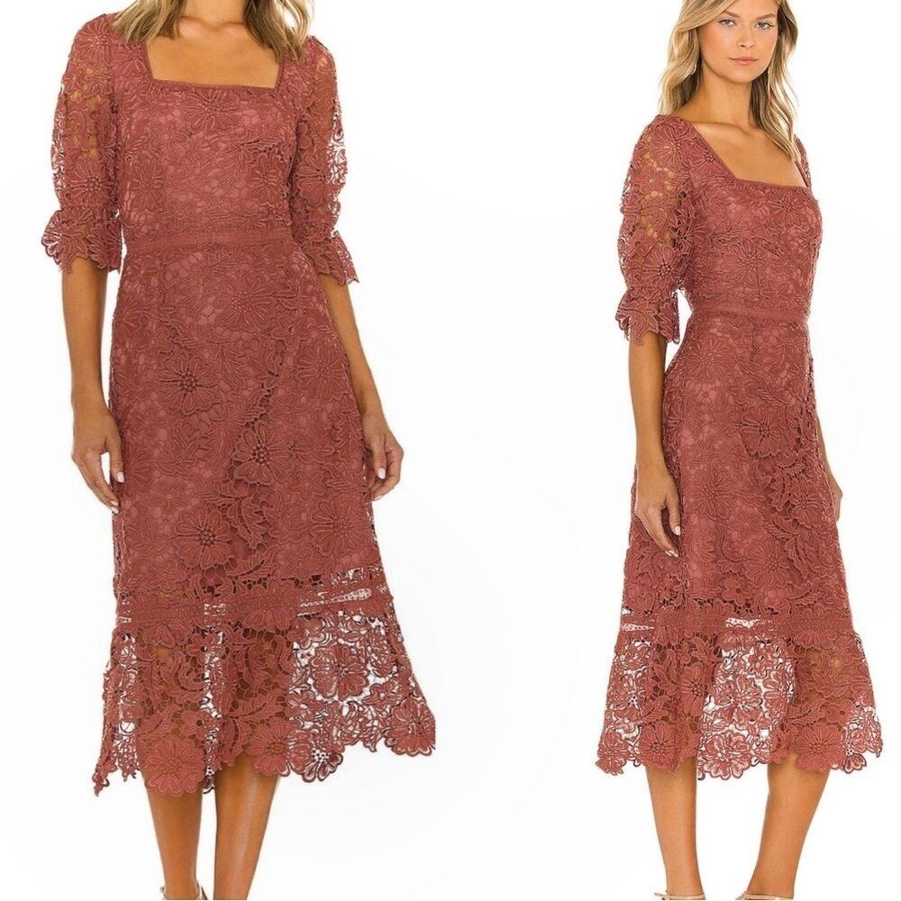 NEW BB Dakota Floral Lace Rose Clay 1/2 Sleeve Midi Dress Garden Coquette Sz 8